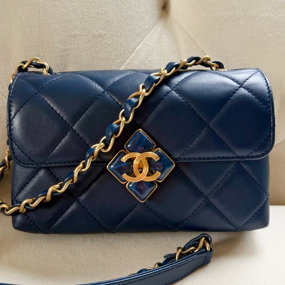 CHANEL Handbags - Chanel Navy Blue Diamond Lock Crossbody Flap Bag